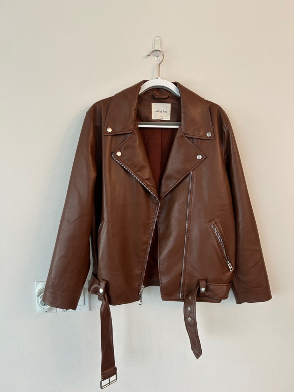 Aritzia Brown Oversized Faux Leather Moto Jacket with Belt